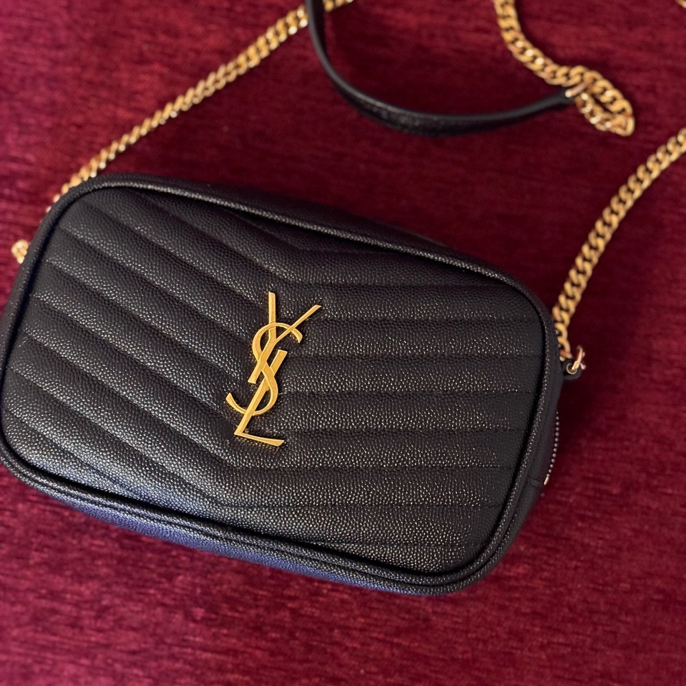 Authentic Yves Saint Laurent Lou Mini Chevron Camera Crossbody Bag - Blue